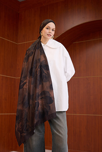 Moda Mevsimi İpekhan Kahverengi Serisi Desenli Kraş Şal 7014