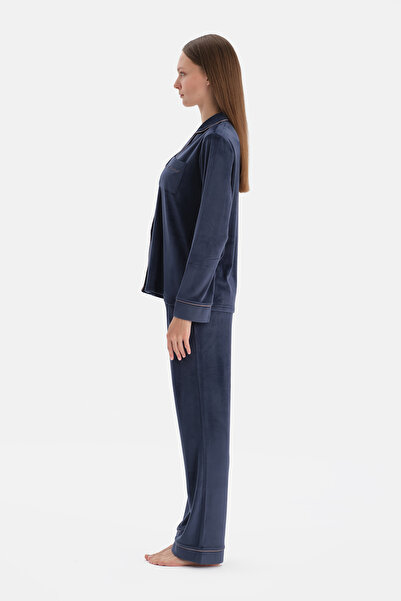 Dagi Navy Blue Embroidery Detailed Velvet Shirt Pants Pajama Set