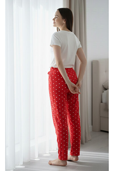 Melff Women's Cotton Suede Fabric Ribbon Waist Detailed Pocketless Women's Pajama Bottoms