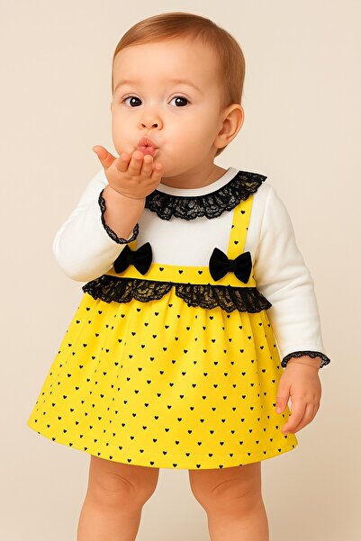 Chicsy Baby Baby Girl Heart Patterned Lace Bow Strap Dress Set