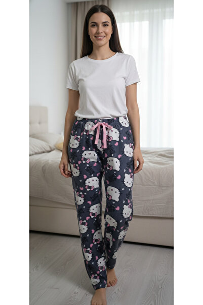 Melff Women's Cotton Suede Fabric Ribbon Waist Detailed Pocketless Women's Pajama Bottoms