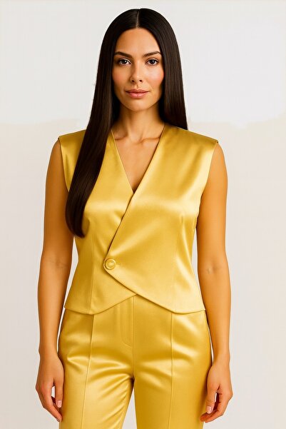 NSMLİFE Γυναικείο σατέν μαύρο γιλέκο με χρυσά κουμπιά