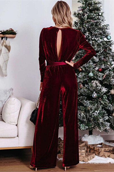 WildFashion Casual/elegant faux velvet jumpsuit with long sleeves, Burgundy F943-81