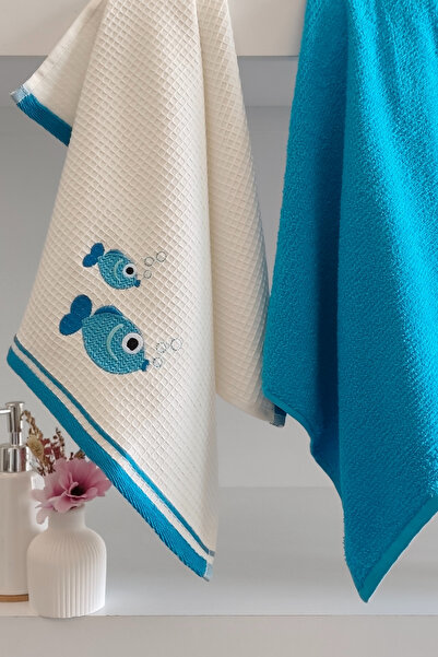 Sevim 2 Πετσέτες Κουζίνας Κεντημένες - 100% Βαμβάκι με σχέδιο ψαριού - 40x60 εκ. - Μπλε