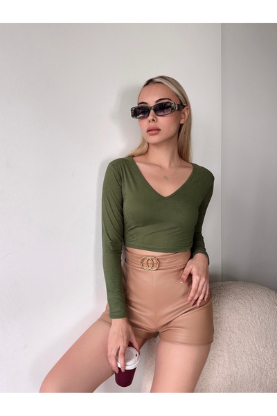 MELA ROSSA Women's Khaki V-Neck Soft Fabric Crop Blouse