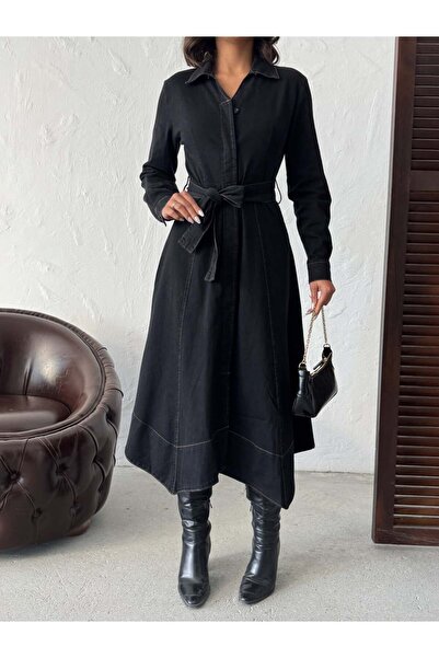 Miss Prova Φόρεμα τζιν ελαστικό ύφασμα με ασύμμετρη κοπή με κορδόνια και ζώνη MISSEL398