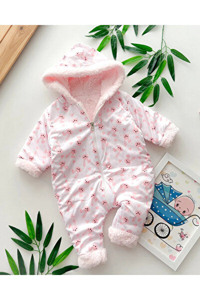 hümabebe Pink Rabbits Printed Winter Welsoft Jumpsuit with Zipper at All Sides and Fur Inside