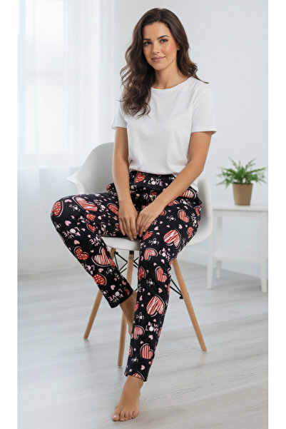 Melff Women's Cotton Suede Fabric Ribbon Waist Detailed Pocketless Women's Pajama Bottoms