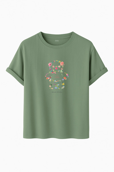 DK DAKSEL Multicolored Floral Teddy Bear Printed Oversized Basic Fit Crew Neck Unisex T-Shirt