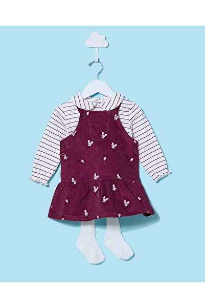 REDTAG Infant Girls Burgundy And White Top With Dress With Stockings (3 Piece)