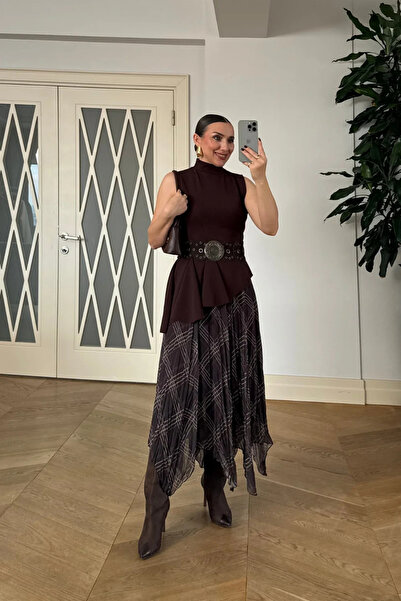 Sorridi Kahverengi Ekose Desenli Şifon Uzun Etek