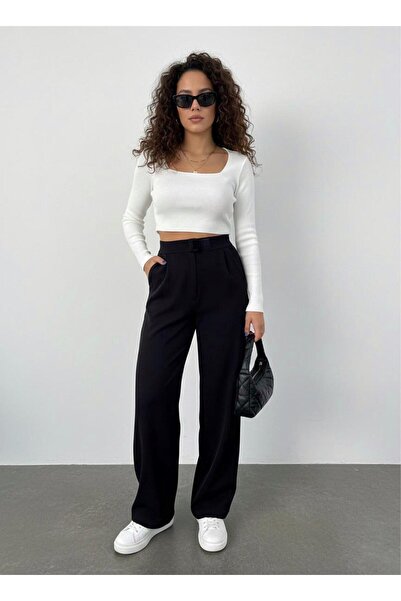 LOUİSA Kadın Siyah Cırt Kapama Likralı Palazzo Pantolon