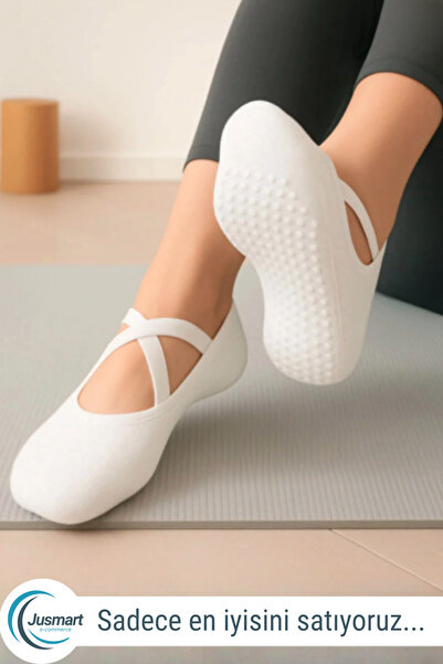 Jusmart Beyaz Kadın Babet Çorap ◆ Pamuklu Kaymaz Silikon Taban ◆ Yoga Pilates...