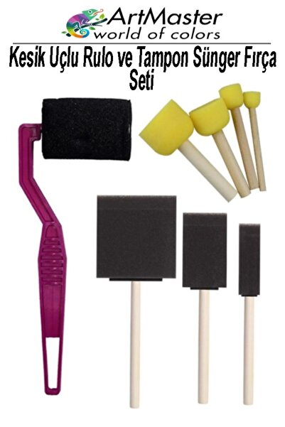 Artmaster Kesik Uçlu Rulo ve Tampon Sünger Fırça Seti 8 Parça 1 Paket Ponpon Yağlı Boya Guaj Boya Akrilik Boya