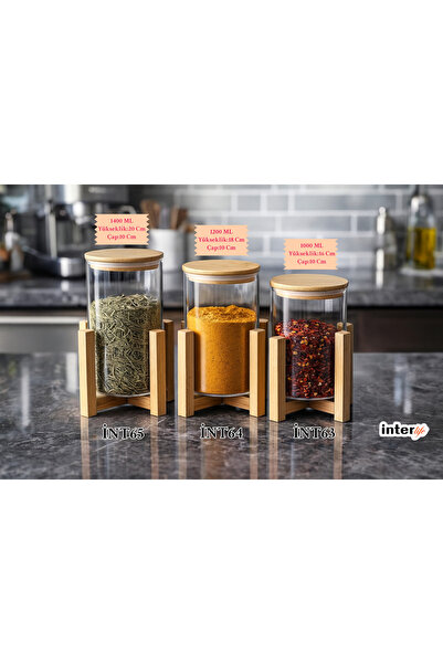 İnterlife Set of 3 Glass Jars with Bamboo Lids Long Special Bamboo Base Airtight Jars Premium Kitchen