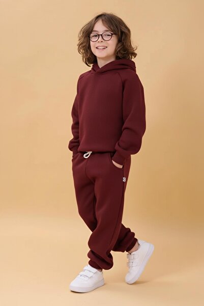 Perendi Reglan Sleeve Hooded Unisex Children's Suit with Fleece Inside Burgundy