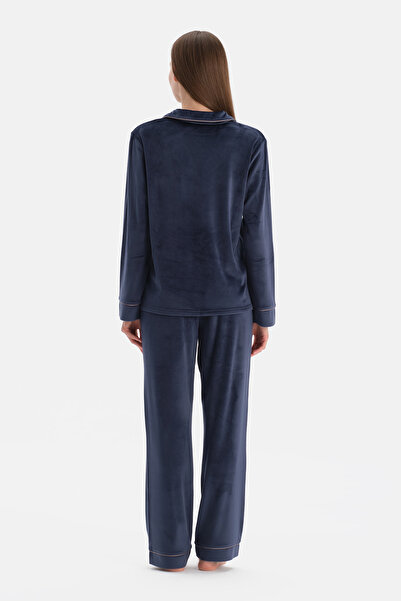 Dagi Navy Blue Embroidery Detailed Velvet Shirt Pants Pajama Set