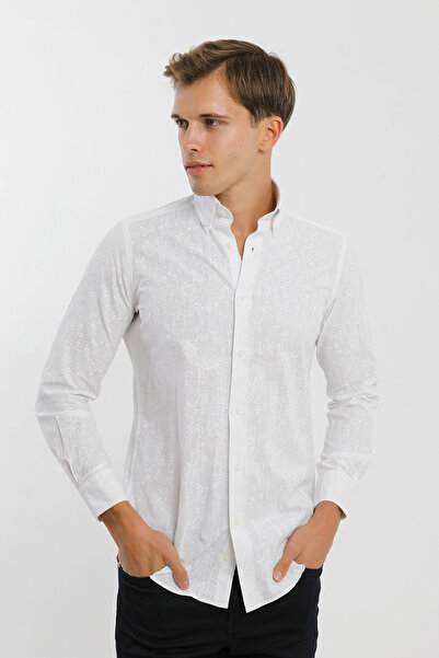Smc by Semco Collar Buttoned Long Sleeve Buttoned Pattern Printed Cotton Whit...