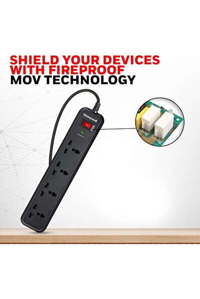 HONEYWELL Surge Protector, 4 Universal Sockets, 2m Cord, 15000Amp, Master Switch