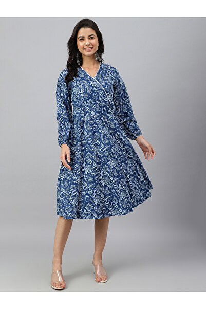 IndHeritage فستان من القطن الخالص الفاخر باللون الأزرق الداكن مع طبعات زهور -...