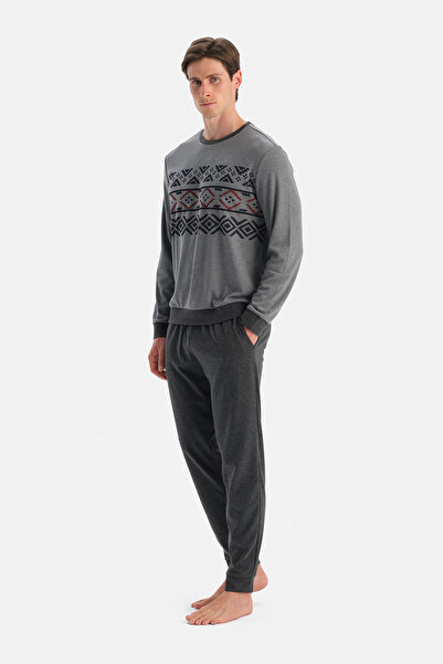 Dagi Anthracite Melange Jacquard Patterned Interlock Pajama Set