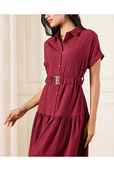 REDTAG Women Burgundy Belted Drop Shoulder Midi Dress