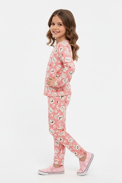 NEWKİDS Teddy Bear and Cat Patterned Cotton Transitional Girl's Pajamas Set