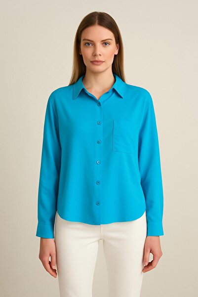 Nuevo Turkuaz Viskon Cepli Kadın Gömlek - Basic -