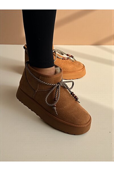 Jarrox MOCCA Taba Süet Görünümlü, Rahat Poli Taban, Boncuk Aksesuarlı, İçi Kürk Astarlı Kadın Kışlık Bot