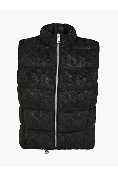 Guess Jole Logo Slim Fit Stand Collar Artificial Suede Puffer Vest VEST W3YN38WFIY0 JBLK