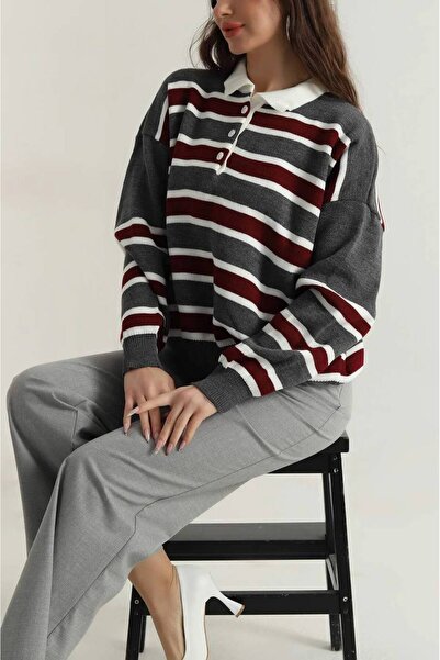 Pollux Striped Buttoned Polo Neck Women's Knitwear Sweater