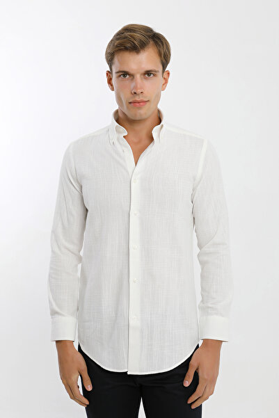 Smc by Semco Collared Buttoned Long Sleeve Linen Look White Men's Shirt