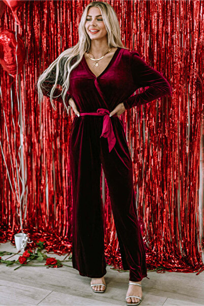 WildFashion Casual/elegant faux velvet jumpsuit with long sleeves, Burgundy F943-81