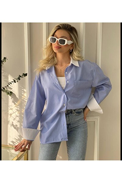 Mzr Collection قميص نسائي مخطط من البوبلين