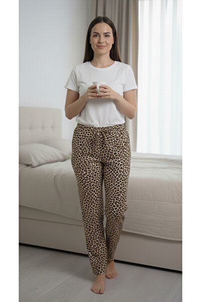 Melff Women's Cotton Suede Fabric Ribbon Waist Detailed Pocketless Women's Pajama Bottoms