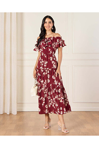 REDTAG فستان ماكسي نسائي باللون العنابي مزين بالزهور بدون أكتاف