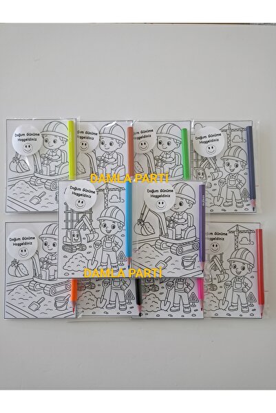 DAMLA PARTİ İnşaat Konsept Hediyelik Boyama 2li, 10 Adet, İnşaat Temalı Doğum...