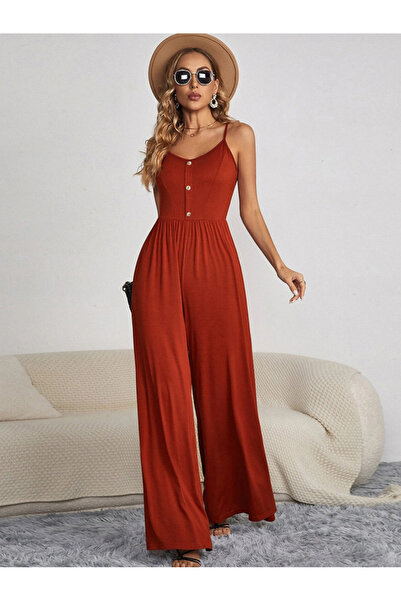 FridayIn Casual V-neck Solid color Buttons Jumpsuits