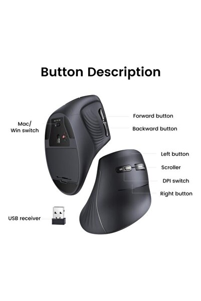 Ugreen Wireless Mouse Vertical Ergonomic 75°, DPI 4000, Dual Mode Bluetooth + 2.4GHz, 5 Buttons, Black