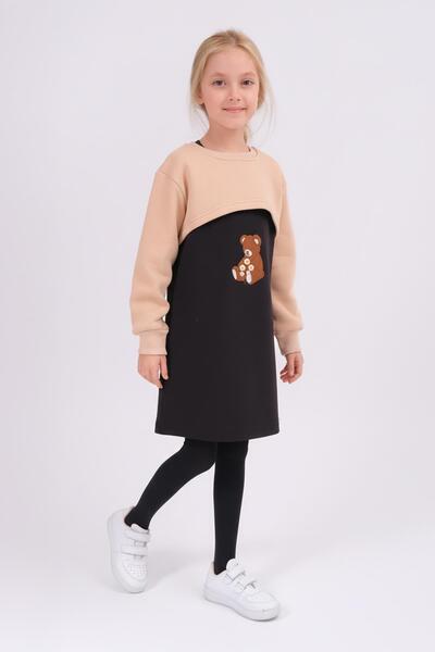 Perendi Girl's Teddy Bear Embroidered Dress and Crop Sweatshirt – Beige