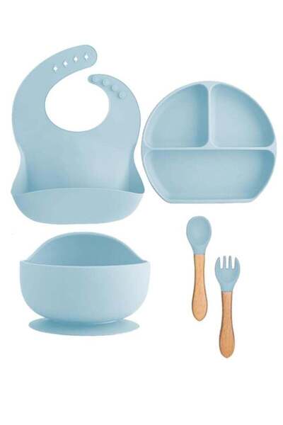 Arabest 5 Pcs Silicone Baby Feeding Set, Suction Silicone Baby Plate with Divider (SKY BLUE)