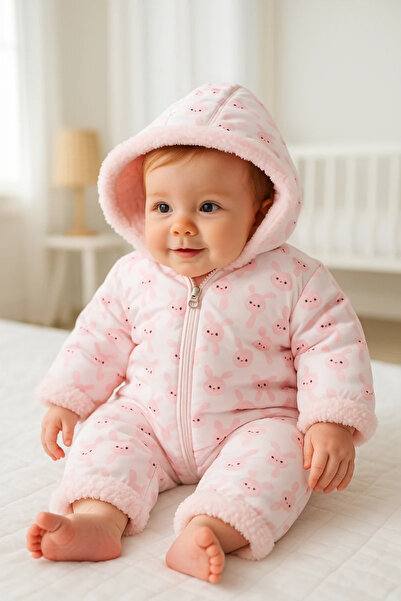 hümabebe Pink Rabbits Printed Winter Welsoft Jumpsuit with Zipper at All Sides and Fur Inside