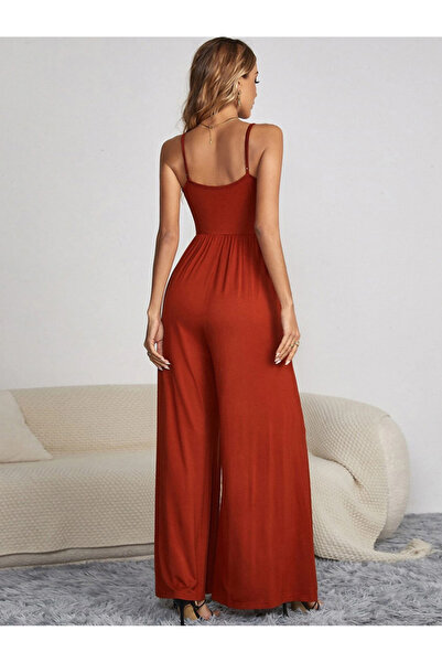 FridayIn Casual V-neck Solid color Buttons Jumpsuits