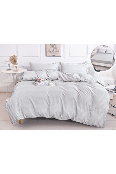 trendyhome Double Bed Linen, Fine Damask, 4 Pieces, UNI, Light Grey, PT14050-Elastic