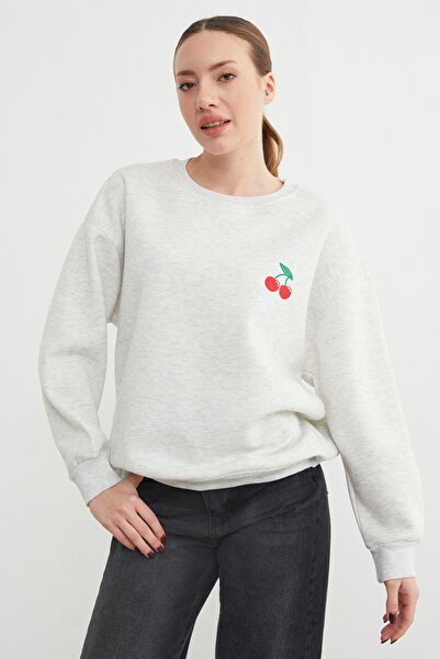 Fulla Moda 3 Yarn Cherry B Printed O Oversized Sweatshirt