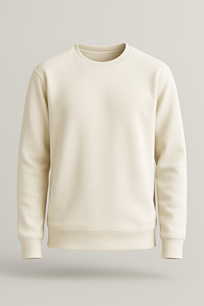 metsawear Unisex Ecru Color Crew Neck Sweatshirt 2 Thread Cotton