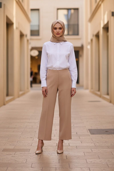 Zeneva Collection Σκούρο μπεζ ελαστικό στην πλάτη ψηλόμεσο φαρδύ γυναικείο υφ...