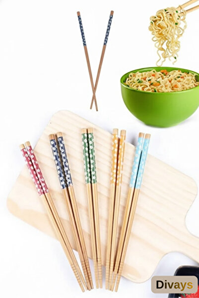DİVAYS 5 Pairs Patterned Bamboo Chopstick Set | Korean Chinese Chopsticks | Washable