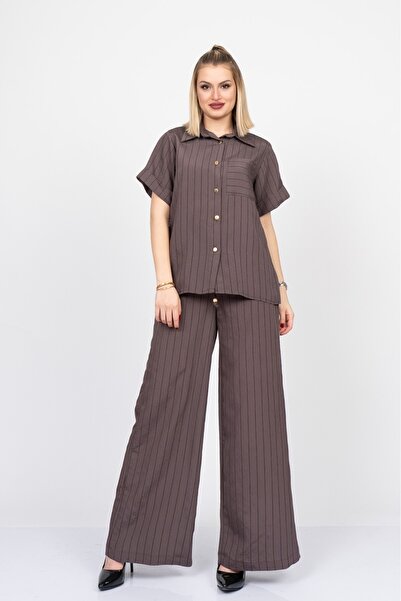 MissVina Back Slit Detailed Shirt - Elastic Waist Pocket Trousers Set 70031