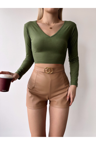 MELA ROSSA Women's Khaki V-Neck Soft Fabric Crop Blouse